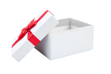 Opened white gift box with red ribbon