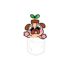 vector illustration in cartoon style. Handdraw graphics. Cute pug puppy sitting in his pocket. maybe like a new print for baby clothes