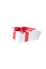 White gift box with red ribbon