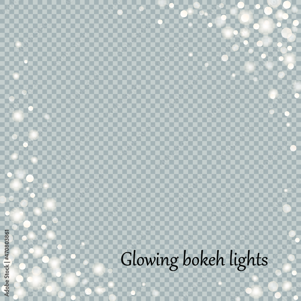 Poster glowing bokeh lights and magic sparkles frame. abstract festive glow decoration with white confetti 