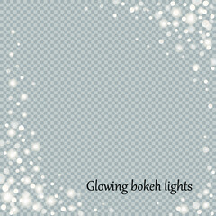 Glowing bokeh lights and magic sparkles frame. Abstract festive glow decoration with white confetti and blur dots. Vector holiday luminous effect isolated on transparent background.