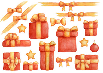 Red gift boxes. Set of watercolor illustrations. Collection of Christmas decorations. Gift for the new year. Gold stars and ribbons. Hand painted festive elements isolated on white background.