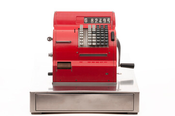 Vintage red cash register on white background - obrazy, fototapety, plakaty