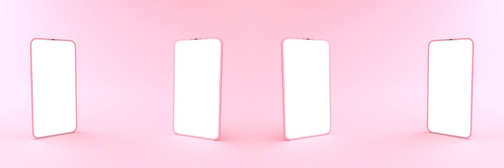 3D rendering of mockups pink Smartphone white screen on pink floor, pink Mobile phone lay down on the ground. Smartphone white screen can be used for commercial advertising,Isolated on pink background