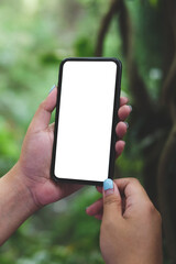 Close up view woman holding mock up smart phone with empty screen against nature background.