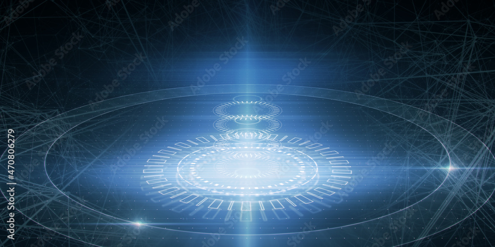 Aufkleber Abstract creative gaming interface on blue sky background. Dashboard and virtual reality concept. 3D Rendering.