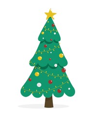 Christmas tree vector illustration in flat style. Festive fir tree decorated with toys and luminous garlands. Subject illustration for web design and print. New Year's and Christmas.