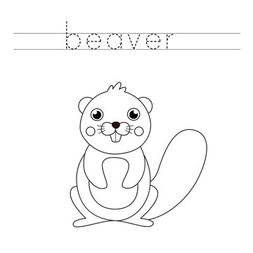 Trace word and color cute cartoon beaver.