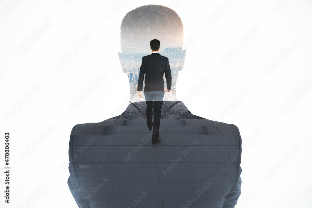 Poster abstract image of attractive european business man walking on abstract stairs on white background wi