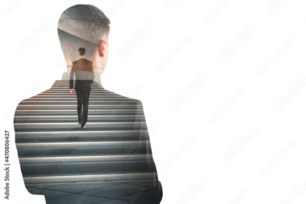 Poster creative image of attractive european business man walking on abstract stairs on white background wi