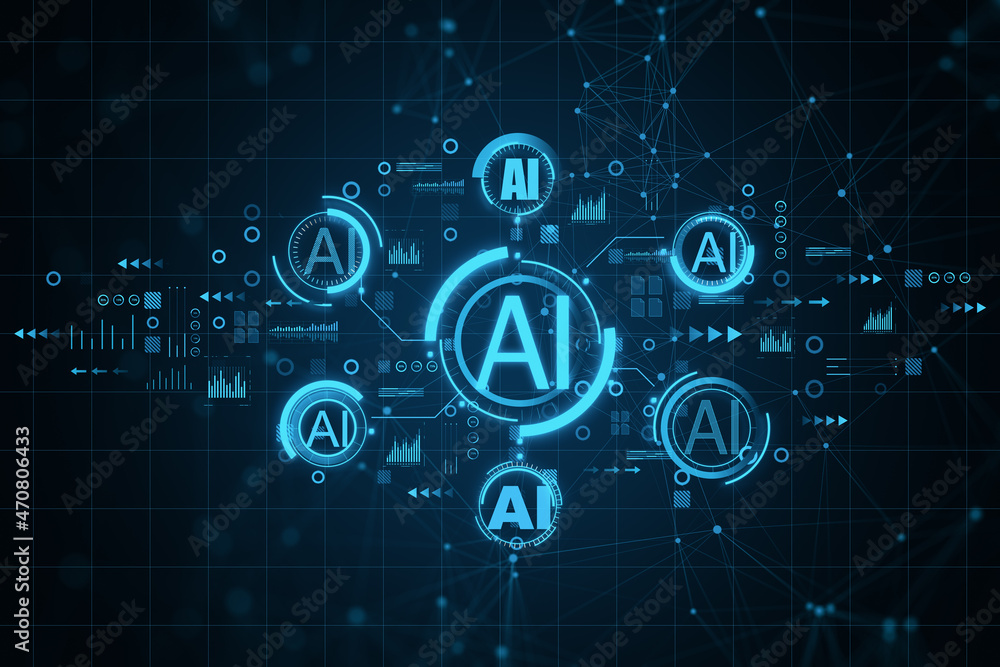 Poster creative ai hologram on blue backdrop. artificial intelligence, ai, technology and communication con