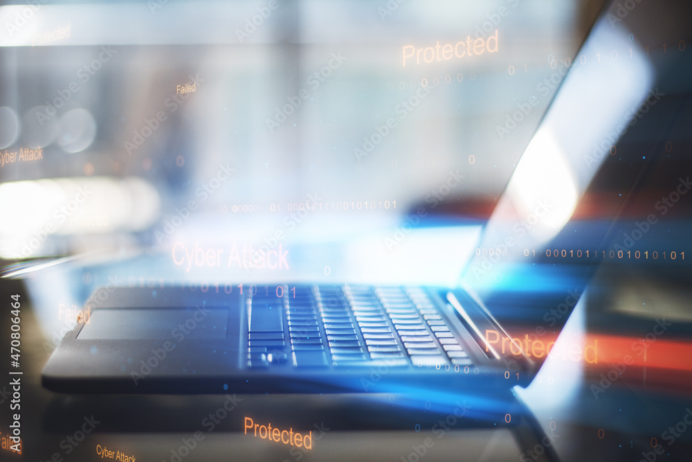 Aufkleber Close up of laptop computer with abstract binary code on blurry background. Cyber attack and hacking concept. Double exposure.