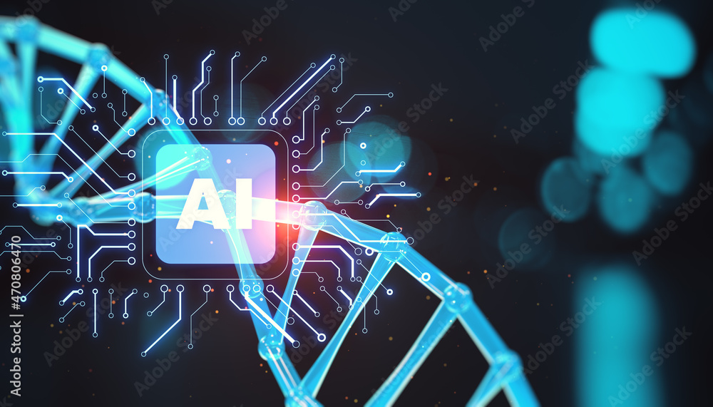 Poster creative glowing circuit ai hologram with dna on blurry background. ai and science concept. double e