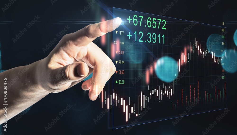 Poster close up of businessman hand pointing at creative glowing forex graph hologram on blurry bokeh backg