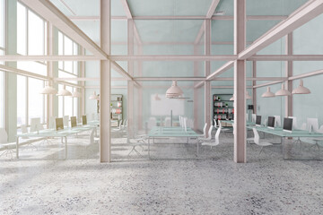 Creative coworking loft office interior with city view, furniture, equipment, marble flooring and daylight. 3D Rendering.