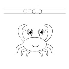 Trace word and color cute cartoon crab.