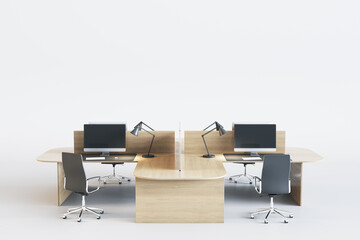 Creative coworking office interior with wooden furniture, computer monitors and empty mock up place on white background. 3D Rendering.