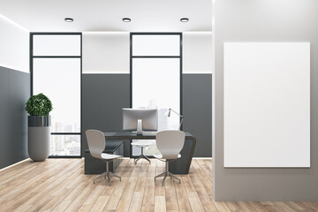 Modern office interior with empty white mock up poster, furniture, wooden flooring, window with city view and daylight. Interview and workplace concept. 3D Rendering.