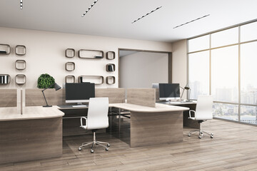 New office interior with wooden furniture, equipment, window with city view and daylight. Coworking and workplace concept. 3D Rendering.