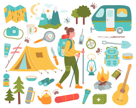 Hiking bundle set. Tent, trailer, campfire, compass. Vector illustration in flat style