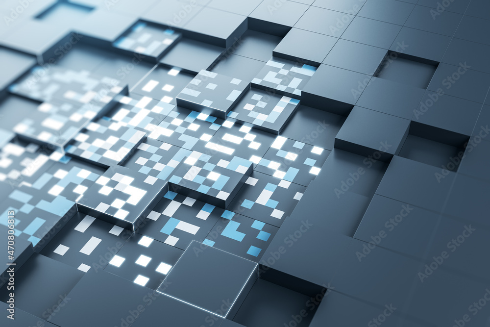 Poster Abstract glowing gray square wallpaper. Technology and design concept. 3D Rendering.