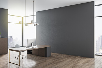 Modern concrete office interior with empty mock up place on wall, wooden flooring, panoramic bright city view, desk with computer and other pieces of furniture. 3D Rendering.