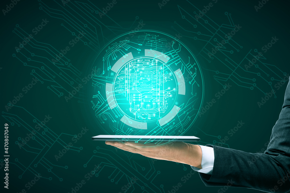 Poster close up of businessman hand holding tablet with abstract glowing digital circuit sphere on blue bac