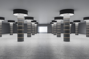 Contemporary concrete underground interior with columns. Design and subway concept. 3D Rendering.