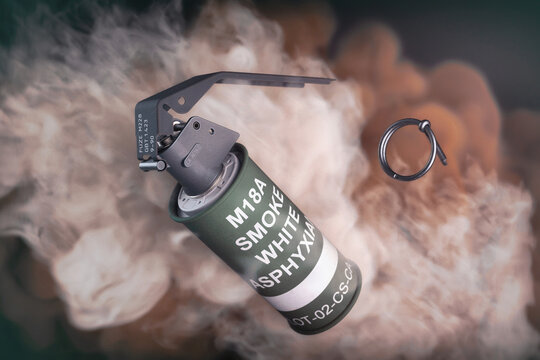 3D render of a hand smoke (gas) grenade in action