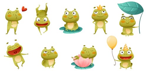 Cute funny frogs set. Green toads cartoon characters having fun in pond vector illustration © Happypictures