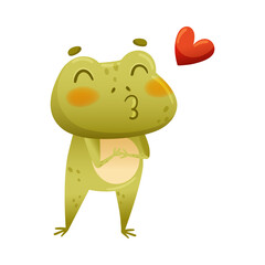 Cute frog sending love. Green toad character standing on its hind legs cartoon vector illustration