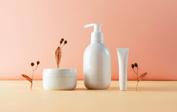 Various cosmetic bottles and natural plant parts creative still life beauty photography. Lotion, moi