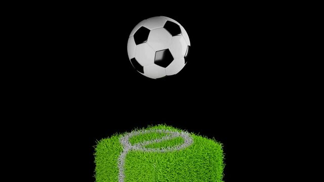 3D animation seamless loop of soccer ball Bouncing on a Grass Box Use for your advertising or social media posts.