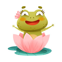 Cute funny frog. Green adorable toad character sitting on lotus flower in pond cartoon vector illustration