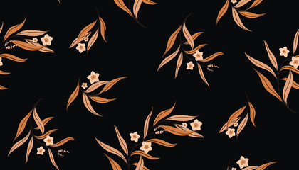 Seamless pattern with brown floral twigs on a dark background. Autumn floral pattern with old fashioned design. Arrangement of falling twigs with small flowers and long leaves. Vector.