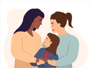 A happy family look at each other with love. A couple of lesbians became parents of a daughter. The concept of tolerance, equality of homosexual relations. Vector graphics.