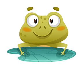 Cute funny frog floating in green leaf. Funny toad cartoon character sitting on lotus leaf in pond vector illustration