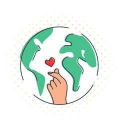 planet earth globe and human hand with love gesture.