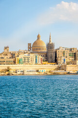 Fototapeta na wymiar View at the Basilica and Cathedral in Valetta from Sliema - Malta
