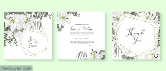 Vector floral template for wedding invitation. White royal lilies, eucalyptus, green plants and leaves.