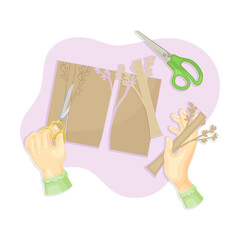 Hands cutting figurines from paper. Top view of creative work process, hobby and craft concept vector illustration