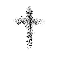 Hand drawn black grunge cross icon, simple Christian cross sign, hand-painted cross symbol created with real ink brush isolated on white background.