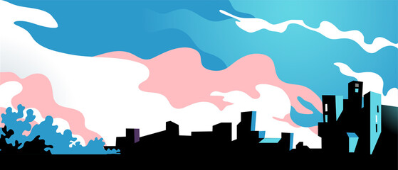 Panorama con il cielo colorato nuvoloso e silhouette di una città sull'orizzonte