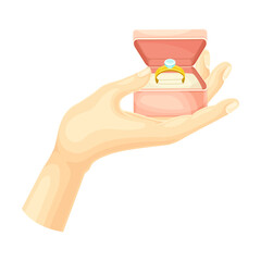 Male hand holding opened red box with golden ring with diamond vector illustration