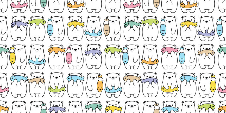 bear seamless pattern polar fish vector teddy cartoon repeat wallpaper tile background illustration doodle scarf isolated design