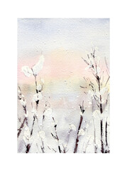 Watercolor winter illustration with branches under the snow and sunrise. Christmas card template with snowy landscape in delicate colors