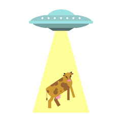Ufo steals cow isolated. Alien flying saucer and cows. Concept of extraterrestrial civilizations and Experiments on another planet