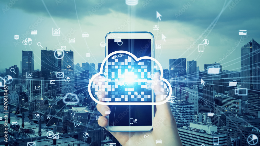 Aufkleber cloud computing concept. mobile communication network. system integration.