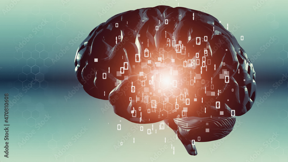 Aufkleber AI (Artificial Intelligence) concept. Deep learning. Digital transformation. 3D rendering.