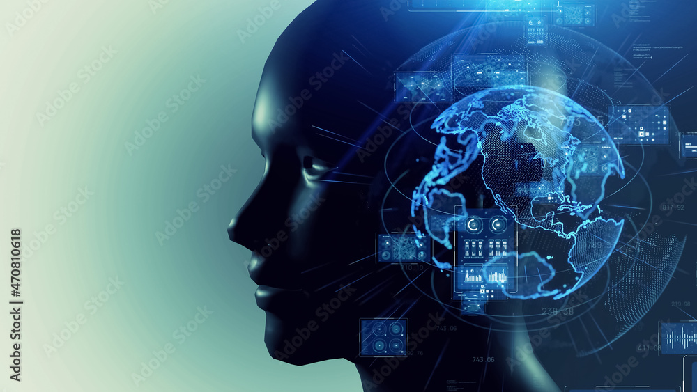 Aufkleber AI (Artificial Intelligence) concept. Deep learning. IoT (Internet of Things). ICT (Information Communication Technology). 3D rendering.